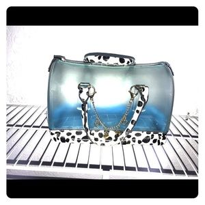 Blue and cow print tote